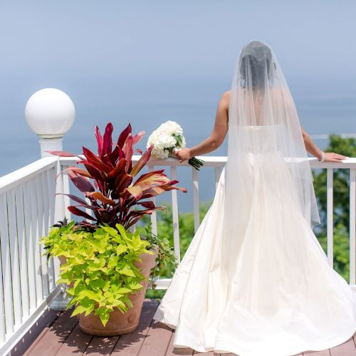 A bride in a white gown and veil stands on a wooden deck overlooking a scenic view, next to a potted plant, holding a bouquet.